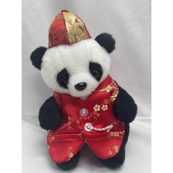 Panda Bear With Red  Tang Suit Gold Red Hat  Plush Stuffed Animal Soft Toy 7'' - Picture 1 of 9